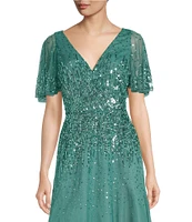 Aidan Mattox Beaded V-Neck Short Sleeve A-Line Midi Dress