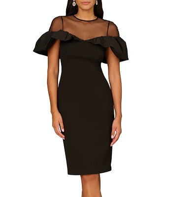 Aidan Mattox Bonded Crepe Illusion Mesh Off-the-Shoulder Flutter Sleeve Dress