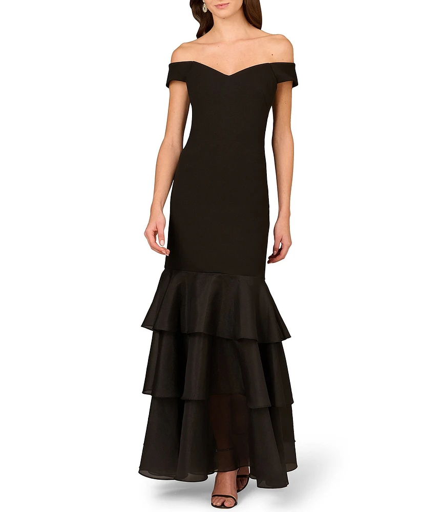 Aidan Mattox Bonded Crepe Off-The-Shoulder Neck Cap Sleeve Ruffle Tiered Organza Sheath Dress