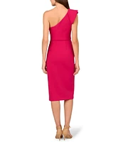 Aidan Mattox Bonded Crepe One-Shoulder Sleeveless Front Drape Midi Sheath Dress