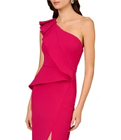 Aidan Mattox Bonded Crepe One-Shoulder Sleeveless Front Drape Midi Sheath Dress