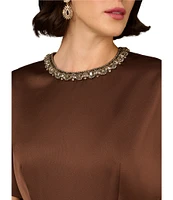 Aidan Mattox Crepe Back Satin Beaded Crew Neck Dolman Sleeves Sheath Midi Dress