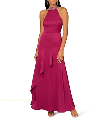 Aidan Mattox Crepe Back Satin Beaded Halter Neck Sleeveless Asymmetrical Ruffle Gown