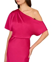 Aidan Mattox Crepe Back Satin One Shoulder Short Sleeve Drape A-Line Dress