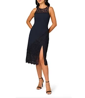 Aidan Mattox Crepe Lace Scoop Neck Sleeveless Side Slit Sheath Dress