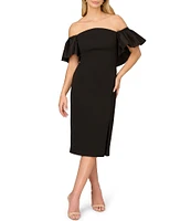 Aidan Mattox Crepe Off-the-Shoulder Neck Ruffle Sleeve Side Slit Dress