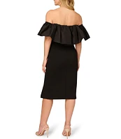 Aidan Mattox Crepe Off-the-Shoulder Neck Ruffle Sleeve Side Slit Dress