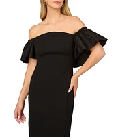 Aidan Mattox Crepe Off-the-Shoulder Neck Ruffle Sleeve Side Slit Dress