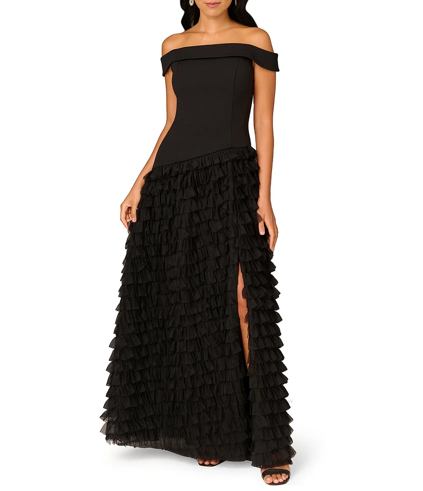 Aidan Mattox Crepe Off-The-Shoulder Neck Short Sleeve Front Slit Mesh Tiered Hem Ball Gown