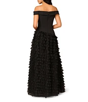 Aidan Mattox Crepe Off-The-Shoulder Neck Short Sleeve Front Slit Mesh Tiered Hem Ball Gown