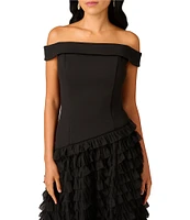 Aidan Mattox Crepe Off-The-Shoulder Neck Short Sleeve Front Slit Mesh Tiered Hem Ball Gown