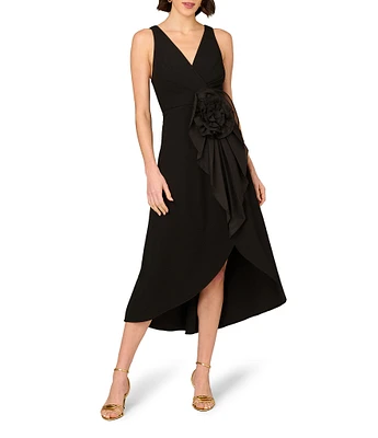 Aidan Mattox Double V-neck 3D Flower Knit Crepe Hi low Faux Wrap Midi Dress