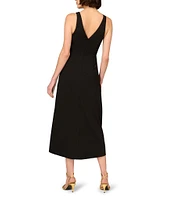 Aidan Mattox Double V-neck 3D Flower Knit Crepe Hi low Faux Wrap Midi Dress