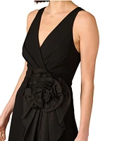 Aidan Mattox Double V-neck 3D Flower Knit Crepe Hi low Faux Wrap Midi Dress