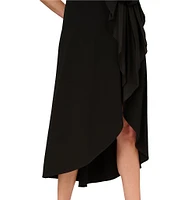 Aidan Mattox Double V-neck 3D Flower Knit Crepe Hi low Faux Wrap Midi Dress