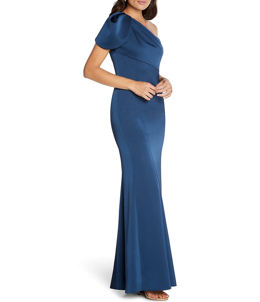 Aidan Mattox Draped One Shoulder Short Sleeve Mermaid Gown