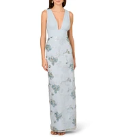 Aidan Mattox Embroidered V-Neck Sleeveless Pleated Mesh Bodice Column Dress