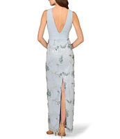 Aidan Mattox Embroidered V-Neck Sleeveless Pleated Mesh Bodice Column Dress