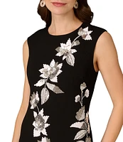Aidan Mattox Floral Beaded Knit Crepe Crew Neck Sheath Cocktail Dress