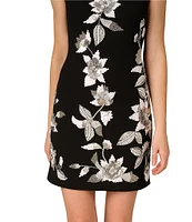 Aidan Mattox Floral Beaded Knit Crepe Crew Neck Sheath Cocktail Dress