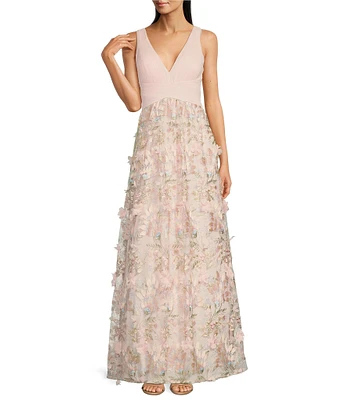 Aidan Mattox Floral Embroidered Mesh V-Neck Sleeveless A-Line Maxi Dress