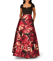 Aidan Mattox Floral Jacquard Crepe Satin Square V-Neck Short Sleeve Side Pocket Ball Gown