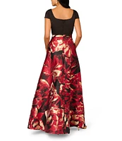 Aidan Mattox Floral Jacquard Crepe Satin Square V-Neck Short Sleeve Side Pocket Ball Gown