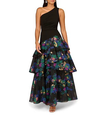 Aidan Mattox Floral Jacquard One Shoulder Sleeveless Asymmetrical Drop Waist Tiered Gown