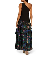 Aidan Mattox Floral Jacquard One Shoulder Sleeveless Asymmetrical Drop Waist Tiered Gown