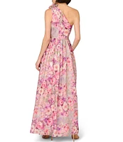 Aidan Mattox Floral Jacquard One Shoulder Sleeveless Flower Shoulder A-Line Gown