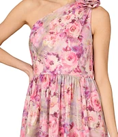 Aidan Mattox Floral Jacquard One Shoulder Sleeveless Flower Shoulder A-Line Gown