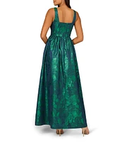 Aidan Mattox Floral Jacquard Square Neck Sleeveless Gathered Skirt Side Pocket Gown