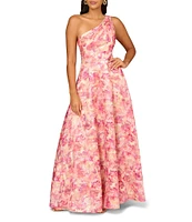 Aidan Mattox Floral Printed Metallic Jacquard One Shoulder Ball Gown