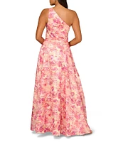 Aidan Mattox Floral Printed Metallic Jacquard One Shoulder Ball Gown