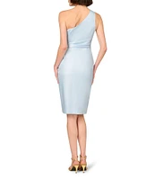 Aidan Mattox Foiled Mikado One Shoulder Neck Sleeveless Sheath Midi Dress