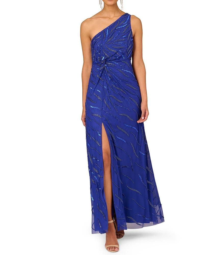 Aidan Mattox Fully Beaded Mesh One Shoulder Sleeveless Gown