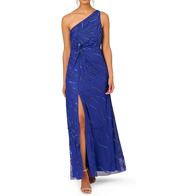 Aidan Mattox Fully Beaded Mesh One Shoulder Sleeveless Gown