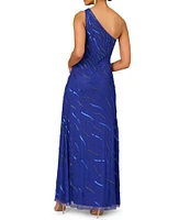 Aidan Mattox Fully Beaded Mesh One Shoulder Sleeveless Gown