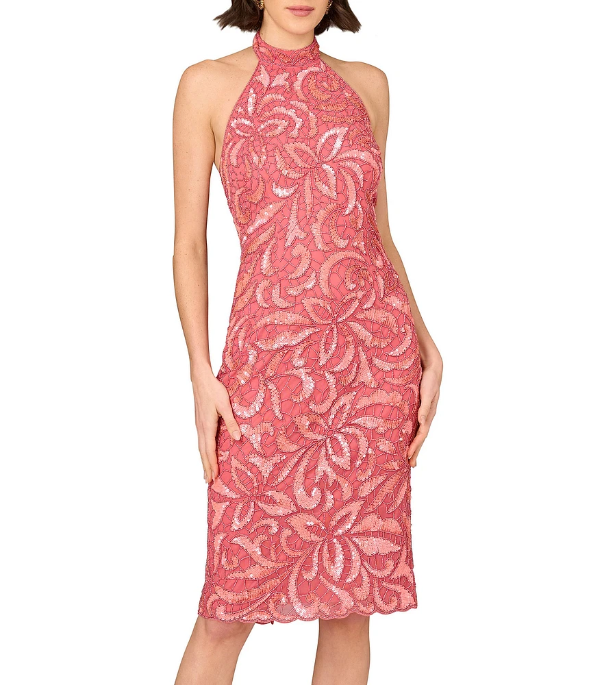 Aidan Mattox Halter Sleeveless Floral Beaded Mesh Sheath Dress