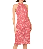 Aidan Mattox Halter Sleeveless Floral Beaded Mesh Sheath Dress
