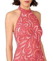 Aidan Mattox Halter Sleeveless Floral Beaded Mesh Sheath Dress