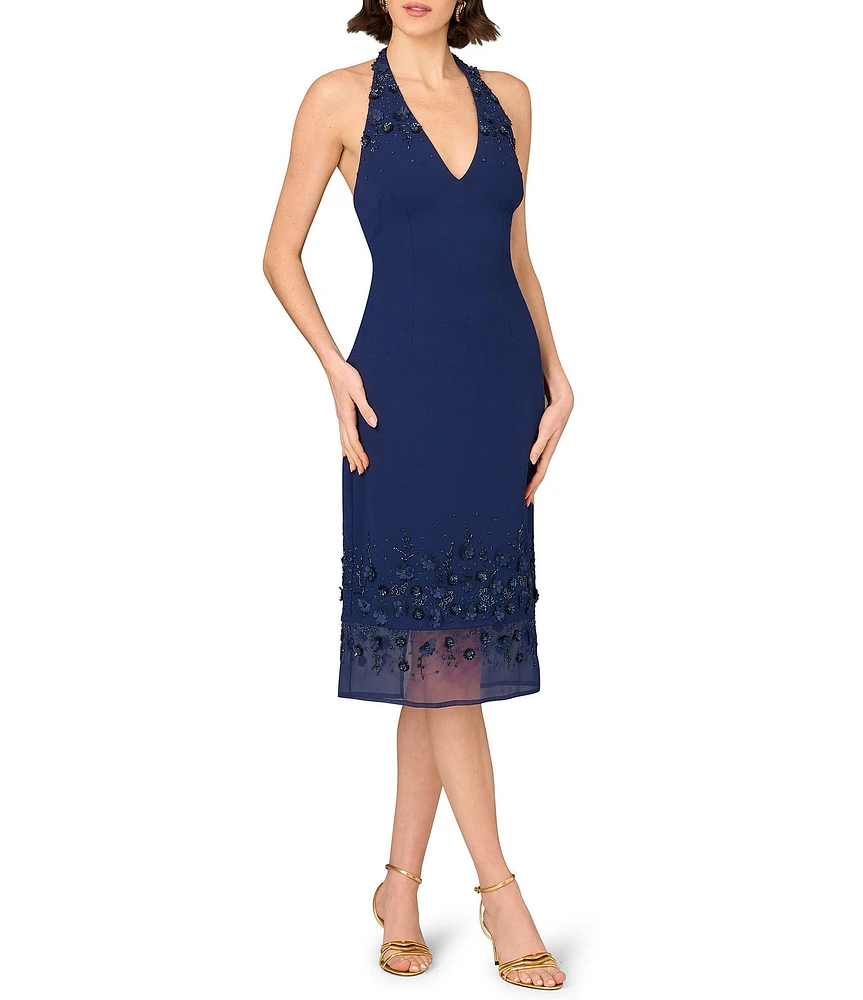 Aidan Mattox Halter V-Neck 3D Floral Beaded Crepe Sheath Midi Dress