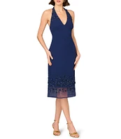 Aidan Mattox Halter V-Neck 3D Floral Beaded Crepe Sheath Midi Dress
