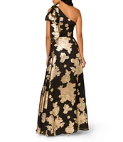 Aidan Mattox Jacquard Metallic One Shoulder Neck Sleeveless Bow Detail Ball Gown