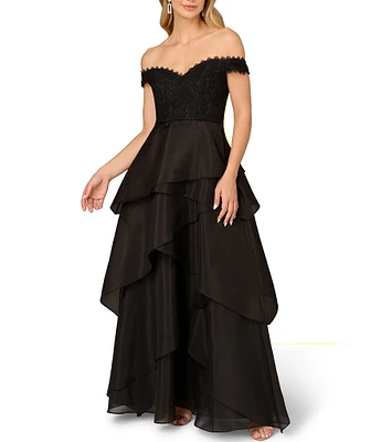 Aidan Mattox Lace Organza Off The Shoulder Cap Sleeve Tiered Gown