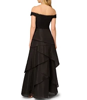 Aidan Mattox Lace Organza Off The Shoulder Cap Sleeve Tiered Gown