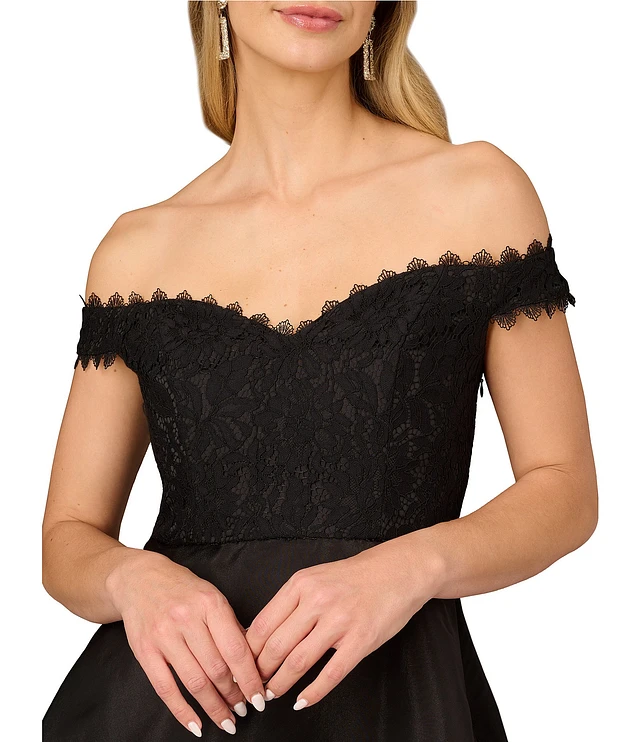 aidan mattox off the shoulder lace dress Aidan Mattox Off-Shoulder Feather-Trim Lace Dress