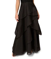Aidan Mattox Lace Organza Off The Shoulder Cap Sleeve Tiered Gown