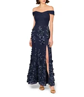 Aidan Mattox Mesh Embroidered Sequin Floral Off-The-Shoulder Neck Sleeveless Sheath Gown