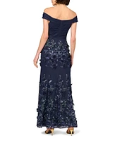 Aidan Mattox Mesh Embroidered Sequin Floral Off-The-Shoulder Neck Sleeveless Sheath Gown